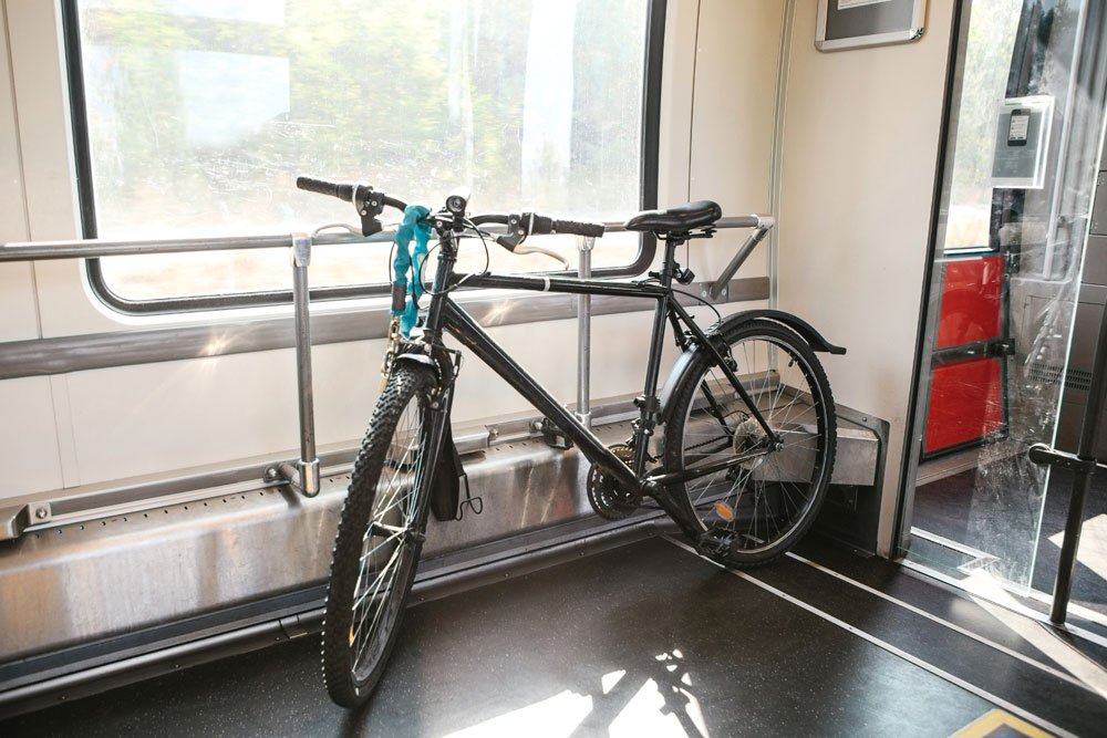 Großes Fahrrad wird im Zug transportiert.